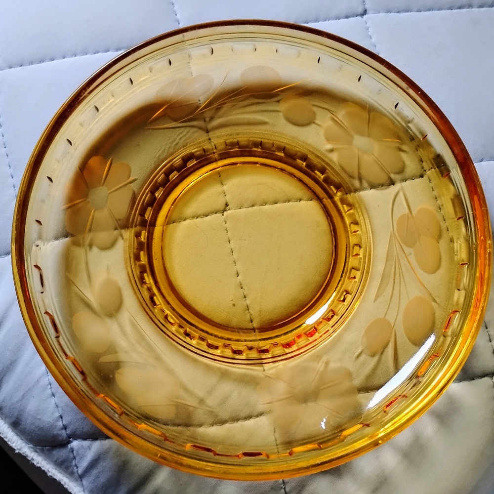 Rare Antique Art Deco Amber Etched Glass Bowl